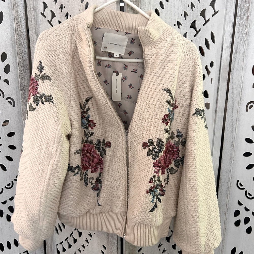 Anthropologie Cream Zip Floral Embroidered Cardigan